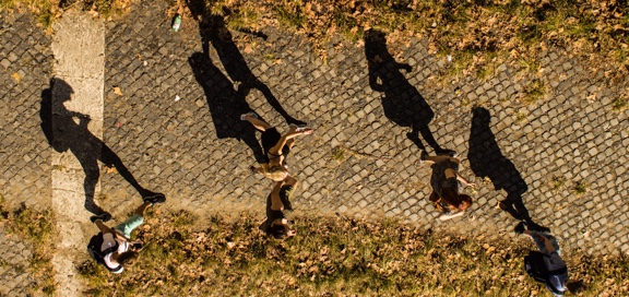 Overhead view of students walking to class