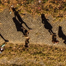 Overhead view of students walking to class